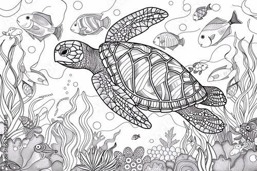  Stylized composition of turtle (tortoise), tropical fish, underwater seaweed and corals. Freehand sketch for adult anti stress coloring book page with doodle and zentangle elements.