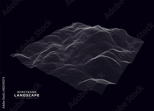 Wireframe landscape. Futuristic 3d mesh background. Digital hills technology. Vector illustration.
