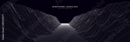 Wireframe landscape. Futuristic 3d mesh background. Digital hills technology. Vector illustration.