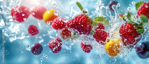 Colorful flying fresh berries and fruits with splashes of water on blue background, banner design. B tyndall effect. Sunlight. Backlit. photo