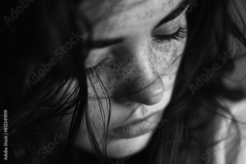Black and white photograph of a woman with freckles on her face