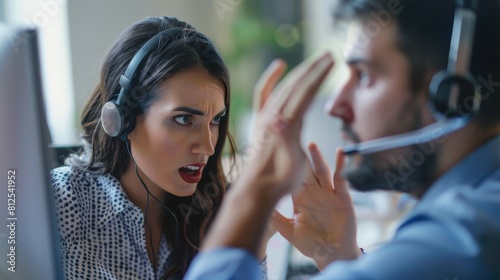 A frustrated customer service representative arguing with a customer on the phone while her coworker tries to calm her down.
