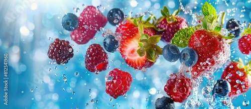 Colorful flying fresh berries and fruits with splashes of water on blue background, banner design. B tyndall effect. Sunlight. Backlit. photo