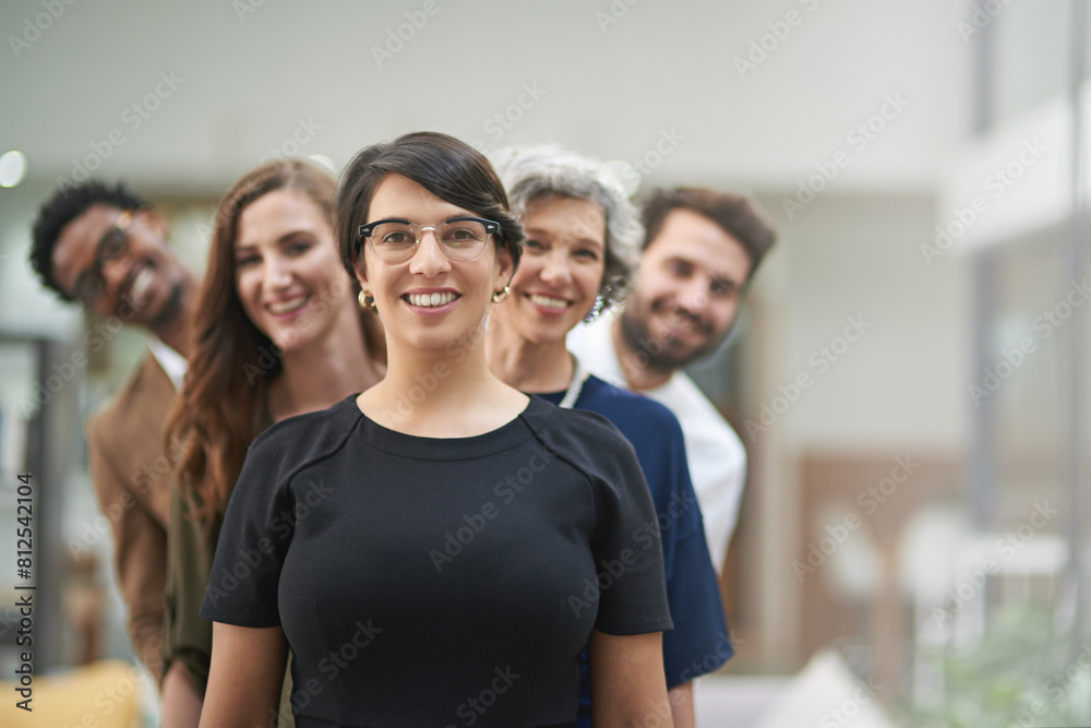 Obraz premium Line, businesspeople and office with smile in portrait for team building in company with employee. Leader, law firm and lawyer with group for representing with happiness or positive with staff.