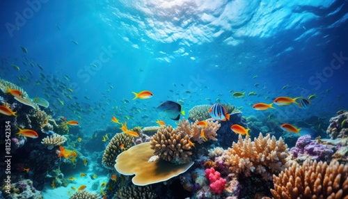 Tropical fish in the underwater, coral reef, amazing underwater life, various fish and exotic coral reefs, ocean wild creatures background
