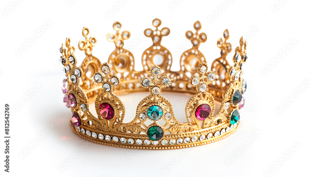Beautiful gold crown with gems isolated on white Beautiful gold crown with gems isolated on white