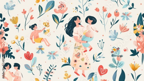 Mother's Day pattern featuring whimsical illustrations of mothers and children in joyful moments