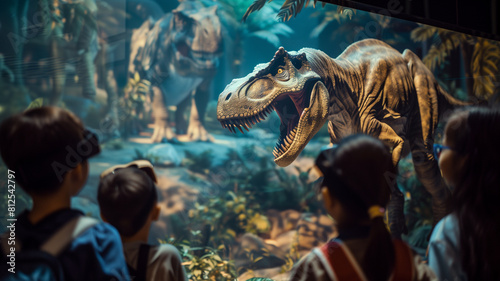 Children in Awe at a Virtual Reality Dinosaur Exhibition © nunkung07