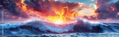 A sunset over the ocean with cresting waves