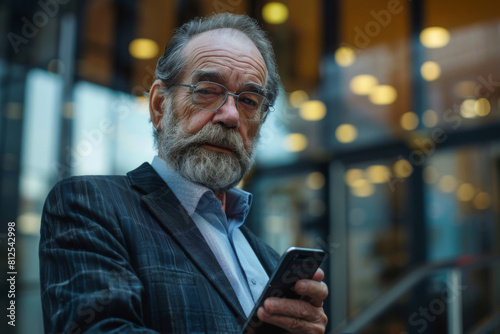 Man With Beard and Glasses Looking at Cell Phone. Generative AI