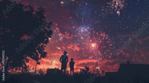 Patriotic silhouette of a family watching fireworks from their backyard