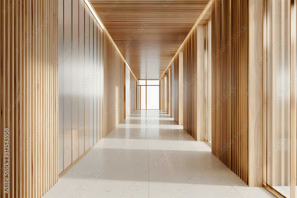 Corridor of company with wooden walls, vertical poster and conference room with glass walls. 3d rendering. Mock up mock up. Generative Ai. Corridor of company with wooden walls, vertical poster and conference room with glass walls. 3d rendering. Mock up mock up. Generative Ai.