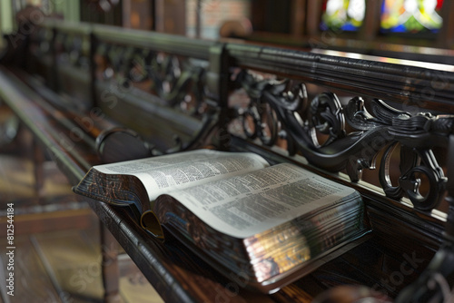 Antique church pew with an open Bible, stained glass reflections casting old-world charm, super realistic