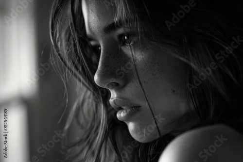 Woman that is looking at something in the dark photo