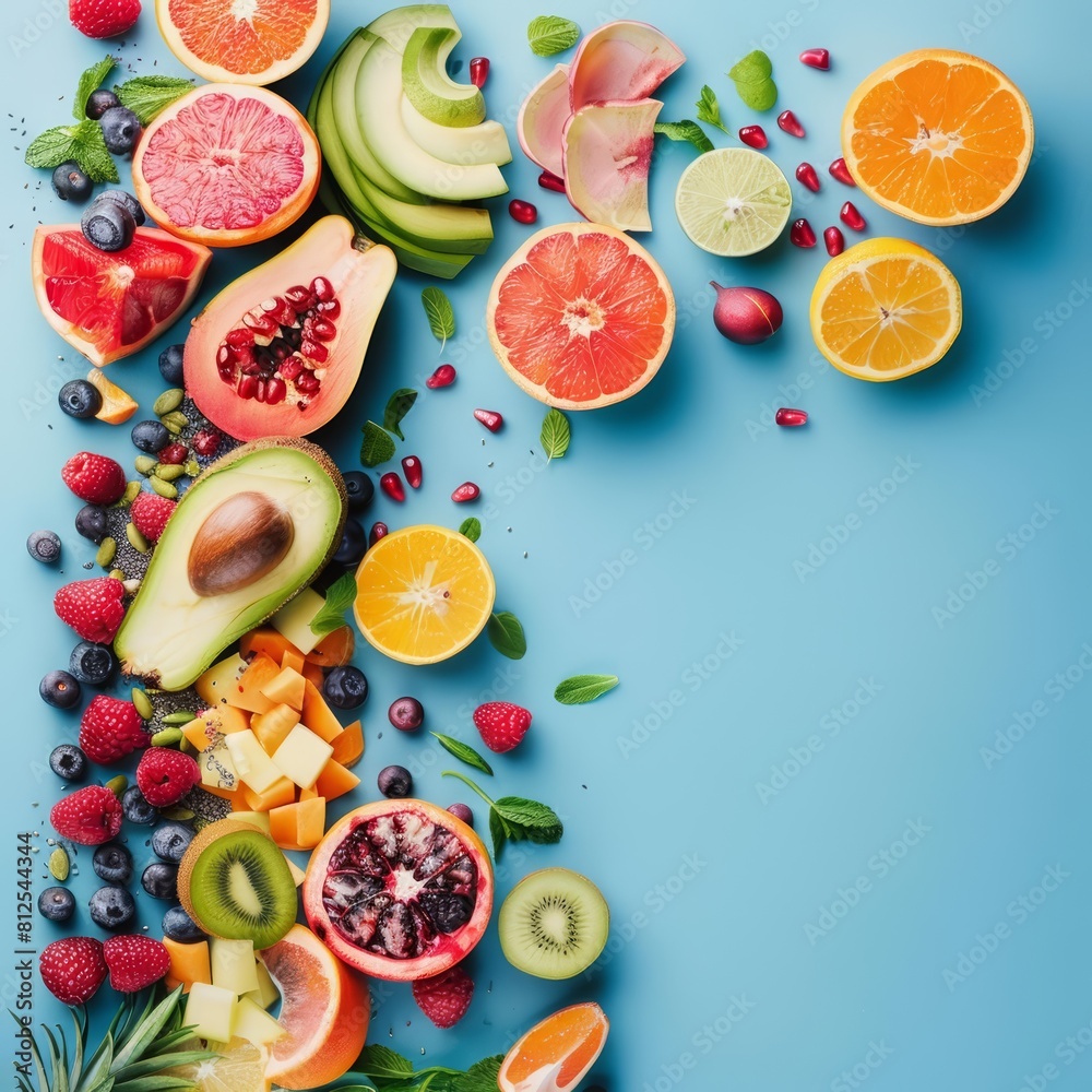 Healthy food concepts promote raw food diets in vivid colors, with solid background and copy space on center for advertise Healthy food concepts promote raw food diets in vivid colors, with solid background and copy space on center for advertise