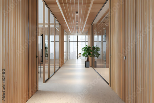 Corridor of company with wooden walls  vertical poster and conference room with glass walls. 3d rendering. Mock up mock up. Generative Ai.