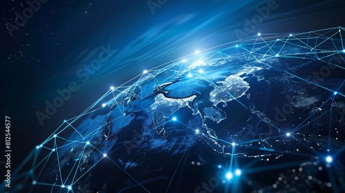 Digital world globe centered on asia and europe, concept of global network and connectivity on Earth, data transfer and cyber technology, information exchange and international telecommunication 