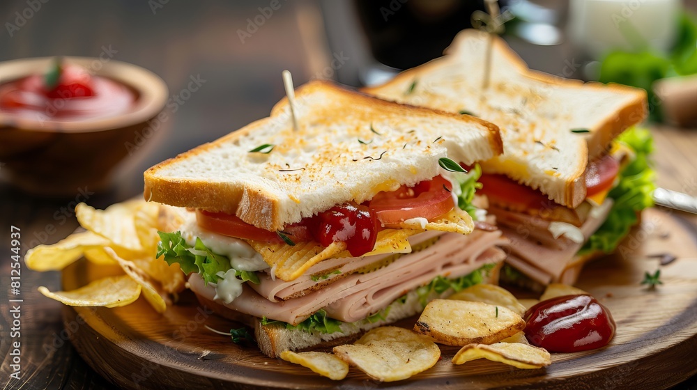 Tasty sandwich with crispy potato chips and tangy ketchup Tasty sandwich with crispy potato chips and tangy ketchup