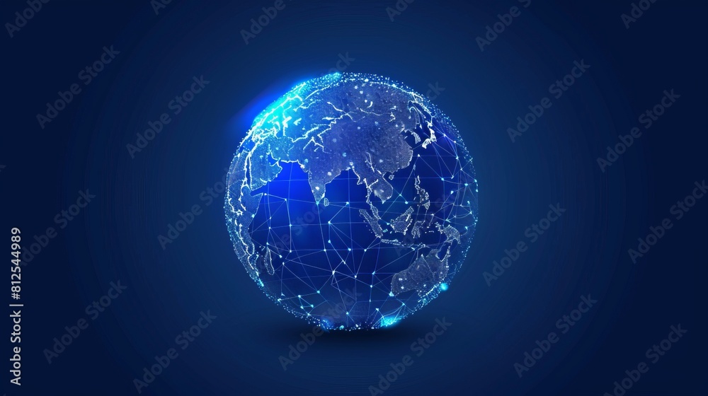Digital world globe centered on asia and europe, concept of global network and connectivity on Earth, data transfer and cyber technology, information exchange and international telecommunication 