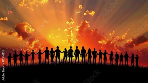 Silhouette of people standing together against a backdrop of unity