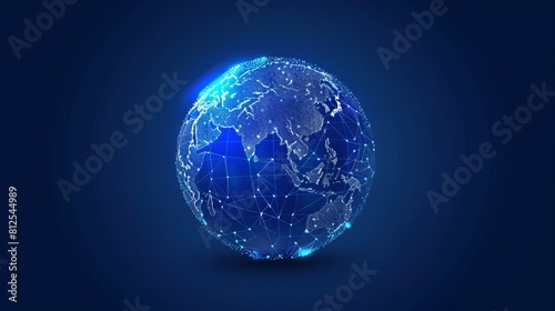 Digital world globe centered on asia and europe  concept of global network and connectivity on Earth  data transfer and cyber technology  information exchange and international telecommunication 