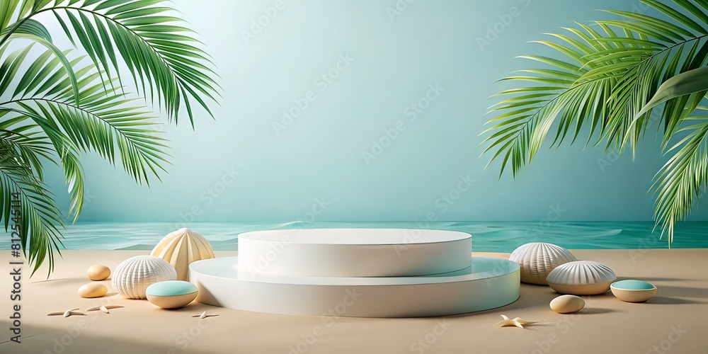 Obraz premium Minimal summer scene with white podium and palm leaves on sand. AI generated 