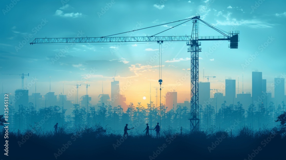 A crane and workers outlined against a city skyline, abstract , background A crane and workers outlined against a city skyline, abstract , background