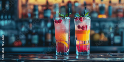 two colorful cocktails with ice cubes and fruits in tall glasses on the bar counter