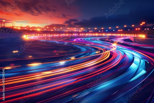 Imagine a motorsports track devoid of crowds, encircled by glowing energy barriers and vibrant light trails, highlighting speed and innovation, with copy space