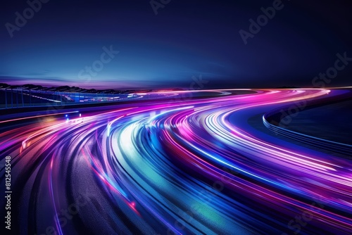 Imagine a motorsports track devoid of crowds, encircled by glowing energy barriers and vibrant light trails, highlighting speed and innovation, with copy space