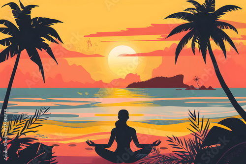Woman meditating at the nature, flat style illustration 
