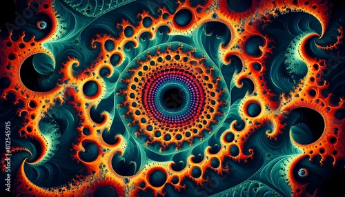 The image should feature a complex pattern generated by the Mandelbrot set, displaying an intricate and infinitely repeating motif. Use a vibrant color palette to enhance the depth and dimension. photo