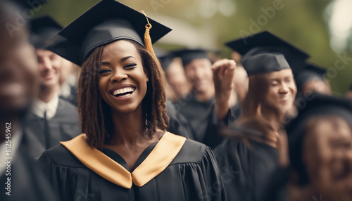 young black woman in cap and gown laughing, with a crowd of graduates in the background 