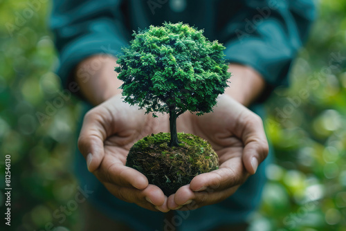 holding a small tree in hands Embracing Sustainability, : Miniature Earth  Forest Unity