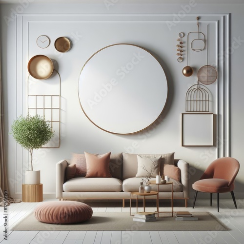 A living room with a template mockup poster empty white and with a couch and a round mirror image harmony lively used for printing.