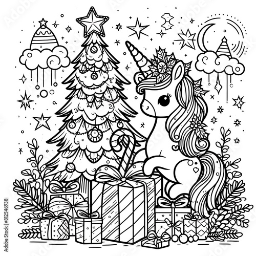 A coloring page of a unicorn with a gift image photo photo illustrator
