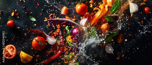 International flavors burst into an explosion scattering across a black canvas photo