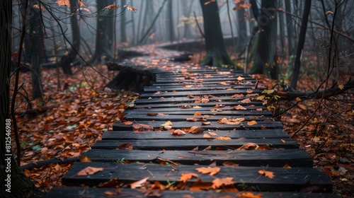 A wooden path winding through a forest blanketed with damp leaves