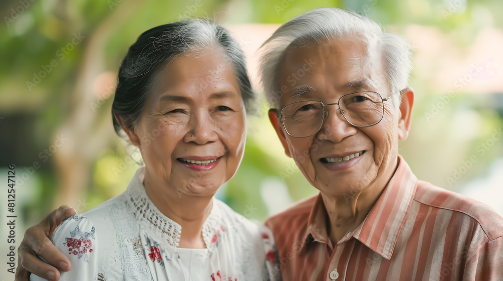 Asian elderly couple. Joyful nice elderly couple smiling looking at camera while being in a great mood, smiling healthy senior retired grandparents husband and wife happy faces embracing at home Asian elderly couple. Joyful nice elderly couple smiling looking at camera while being in a great mood, smiling healthy senior retired grandparents husband and wife happy faces embracing at home