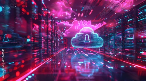 A glowing pink and blue cloud with a lock on it. It is in a dark space with a glowing pink and blue background. The image is about data security.