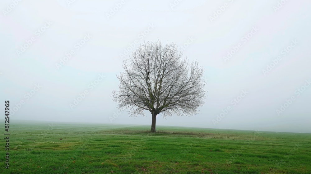 A solitary tree standing bare amidst fog on a verdant meadow in winter A solitary tree standing bare amidst fog on a verdant meadow in winter