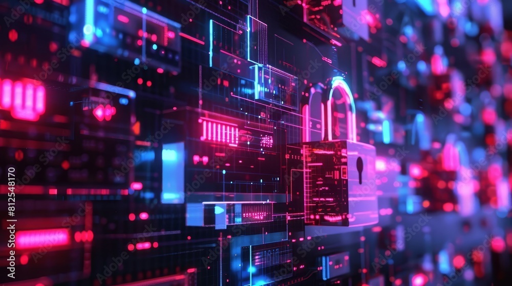 Abstract technology background with glowing lock. Futuristic cyber security concept.