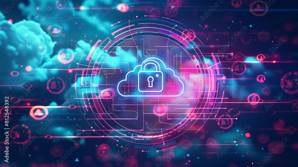 glowing pink and blue cloud with a lock icon in the center against a dark blue background. glowing pink and blue cloud with a lock icon in the center against a dark blue background.