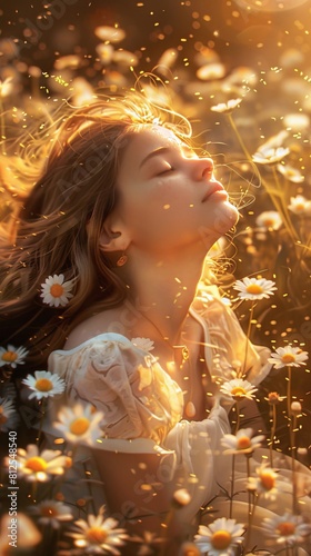 Summertime Serenity: Young Woman Resting Among Golden Flowers