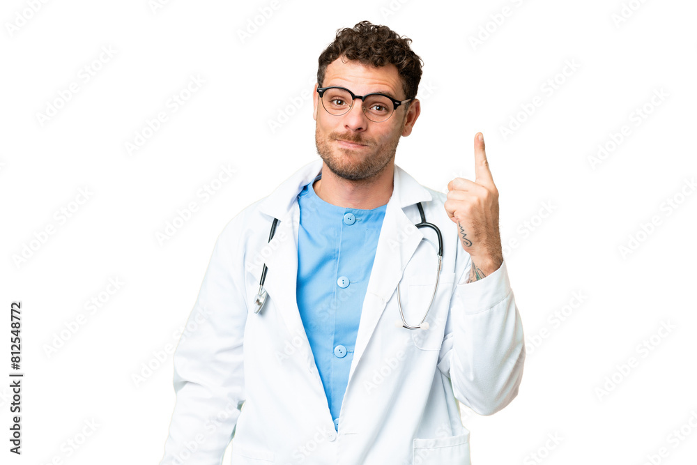 Brazilian doctor man over isolated chroma key background pointing with the index finger a great idea Brazilian doctor man over isolated chroma key background pointing with the index finger a great idea