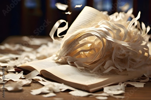 A bookworm devouring its way through the pages of a beloved novel, leaving behind a trail of shredded paper in its wake.  photo