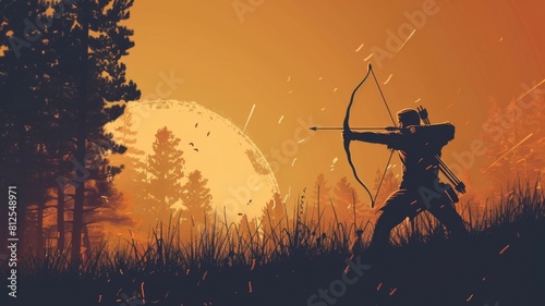 A captivating silhouette of an archer takes center stage in this graphic wallpaper, featuring a detailed archery setup and copy space. The dramatic scene highlights the precision and skill required