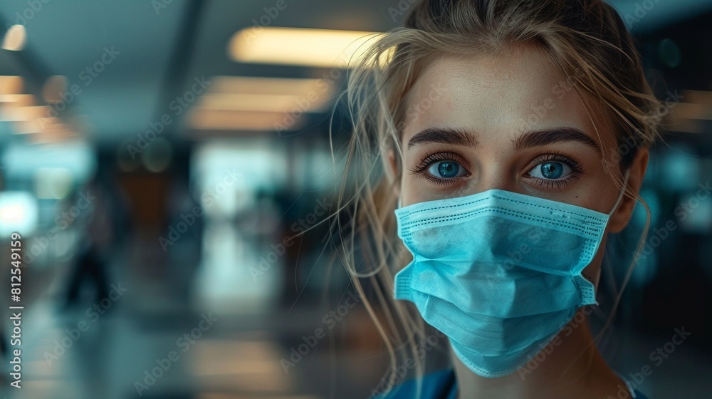 A heartfelt scene of a nurse in a protective mask, displaying the weariness of her efforts but maintaining her resolve, taking a moment to rest in the hospital lobby 8K , high-resolution, ultra HD,up3 A heartfelt scene of a nurse in a protective mask, displaying the weariness of her efforts but maintaining her resolve, taking a moment to rest in the hospital lobby 8K , high-resolution, ultra HD,up3