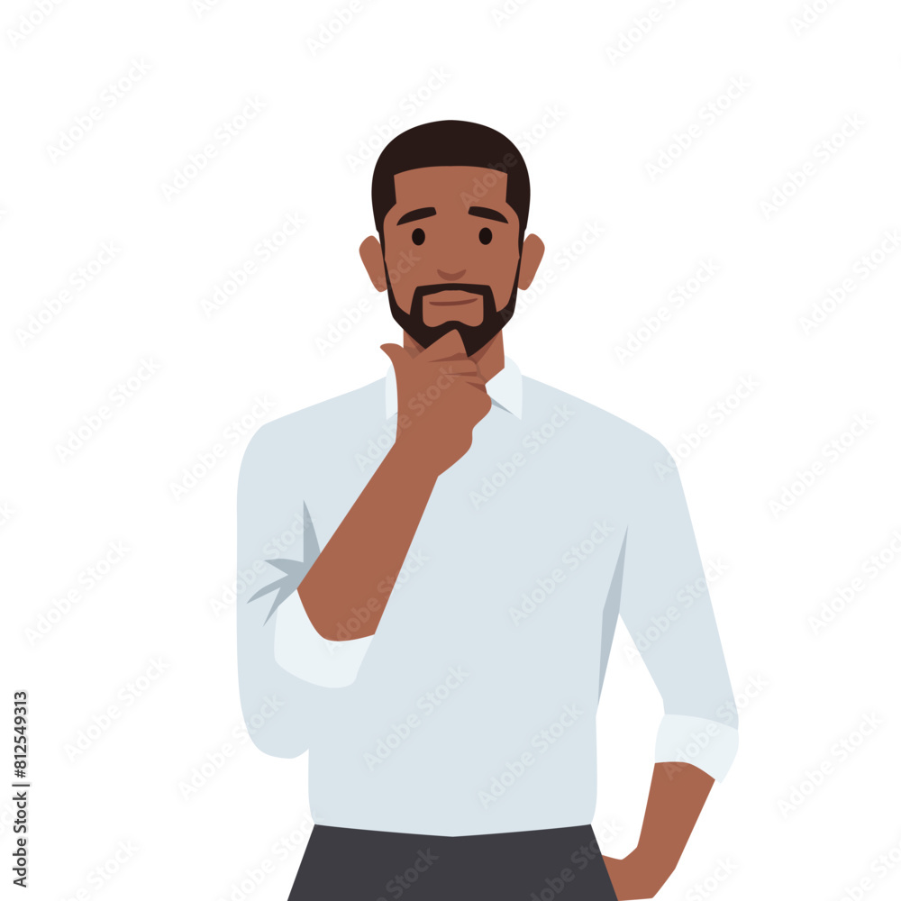 Young black business man making thinking gesture. Flat vector illustration isolated on white background Young black business man making thinking gesture. Flat vector illustration isolated on white background