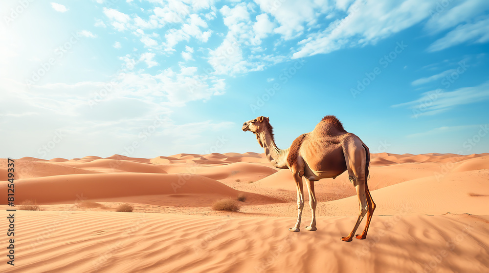 Camel standing on sand against sky, desert with a camel, a camel standing in the middle of a desert with sand dunes Camel standing on sand against sky, desert with a camel, a camel standing in the middle of a desert with sand dunes